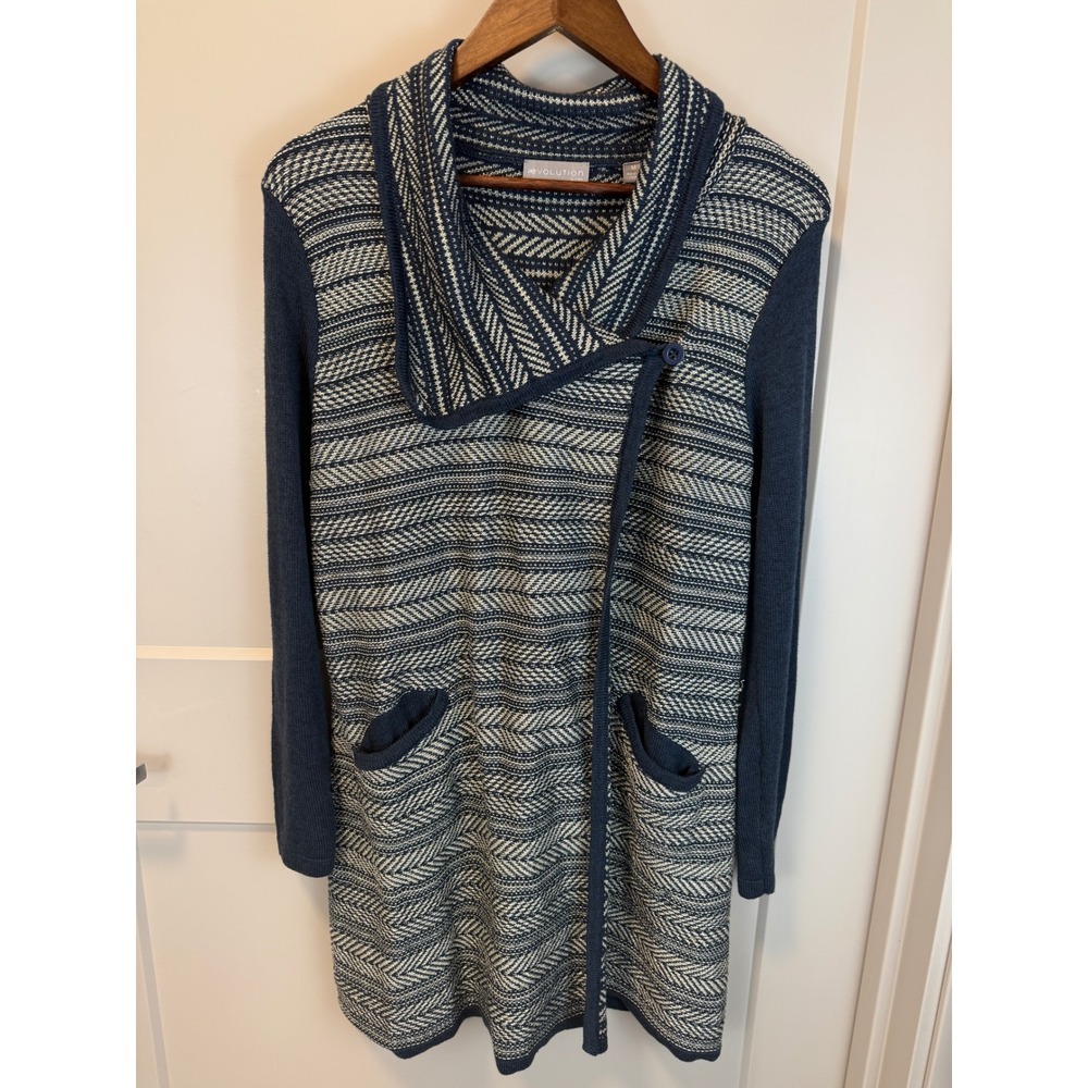 Evolution by Cyrus Navy Silver Stripe Shawl Collar Cardigan Size Medium